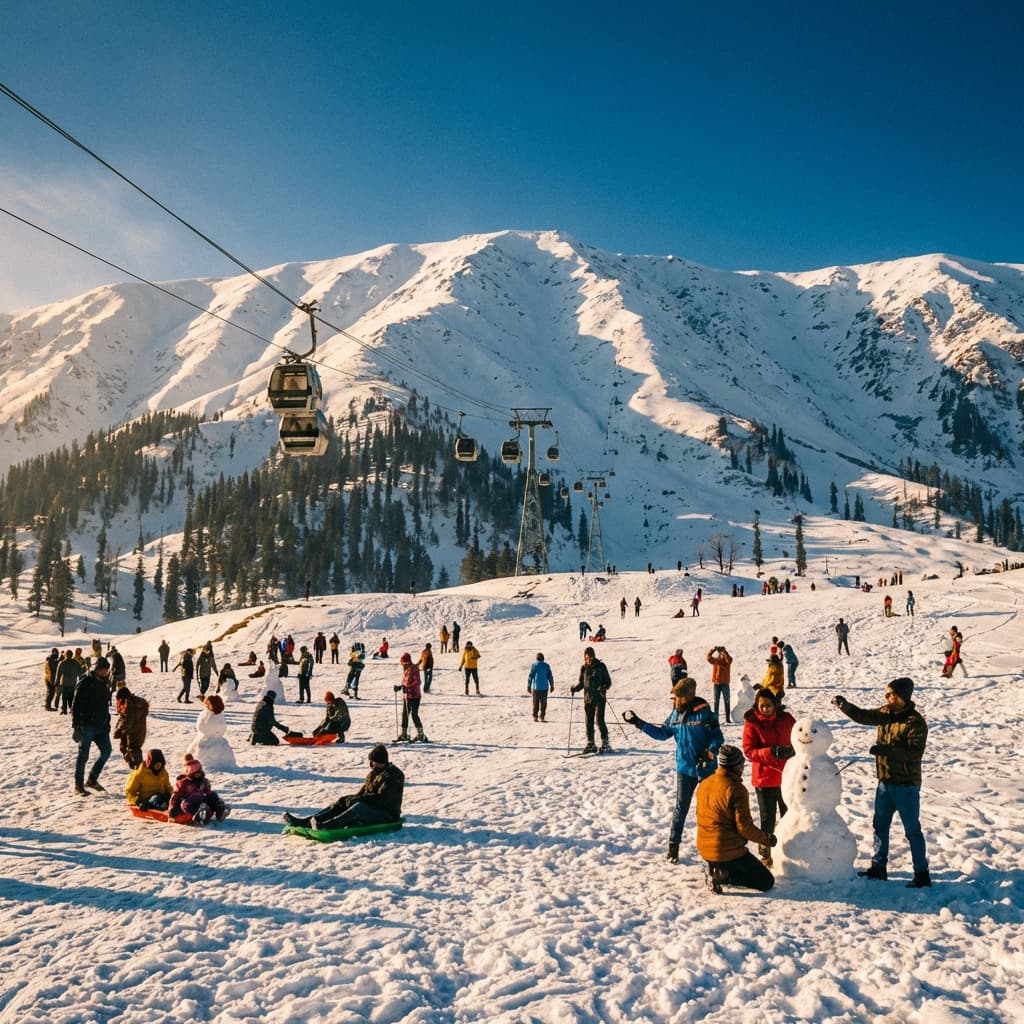 Scenic white snow-covered meadows of Gulmarg with the world's highest Gondola.