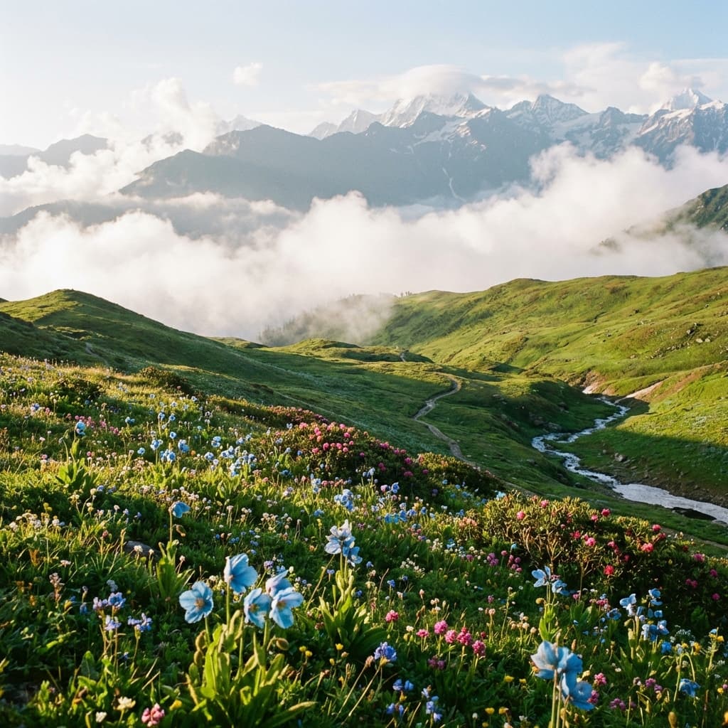 Dreamy alpine meadows with wildflowers and white clouds on the Bhrigu Lake trail.