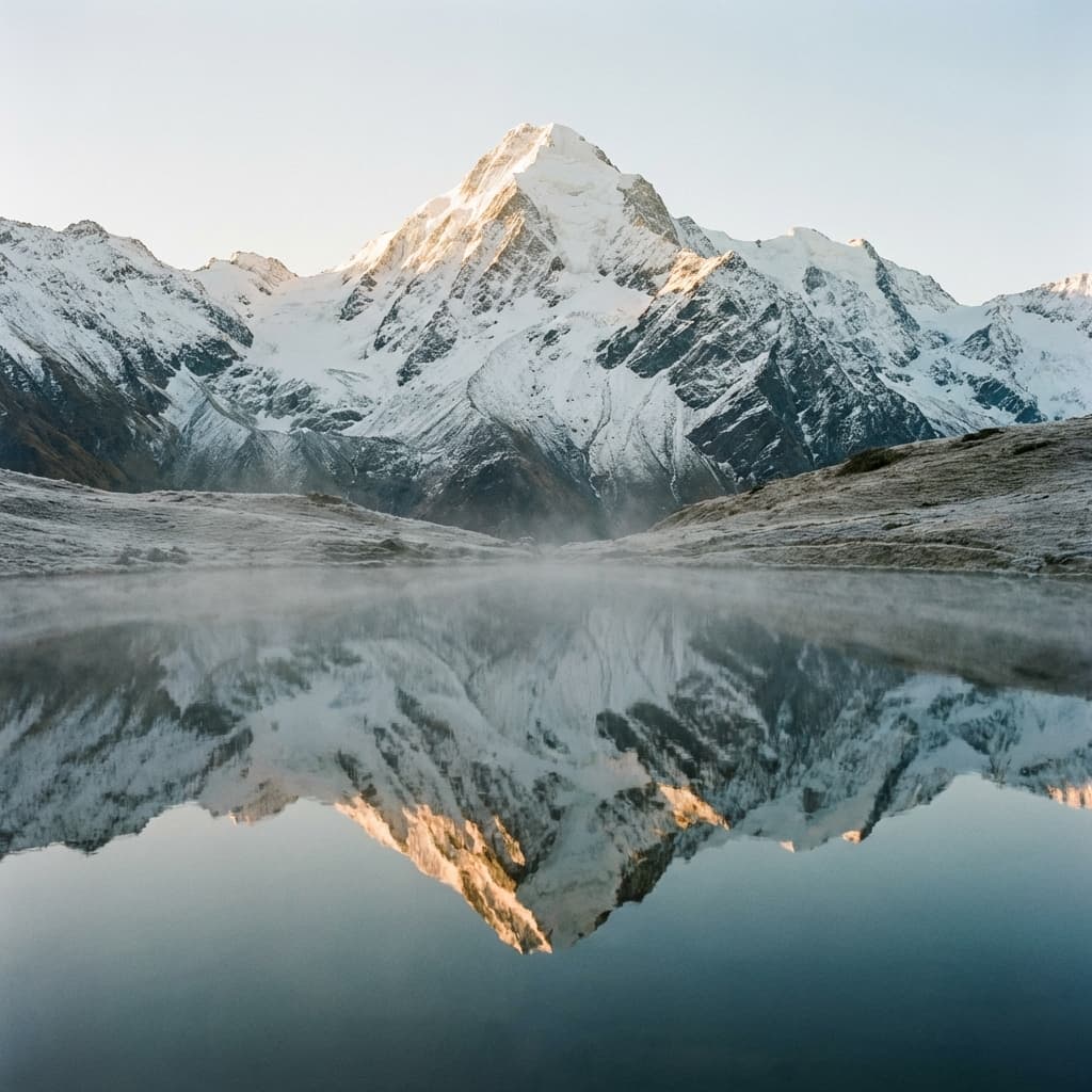 Morning reflection of Hanuman Tibba peak in the calm, crisp waters of Bhrigu Lake.