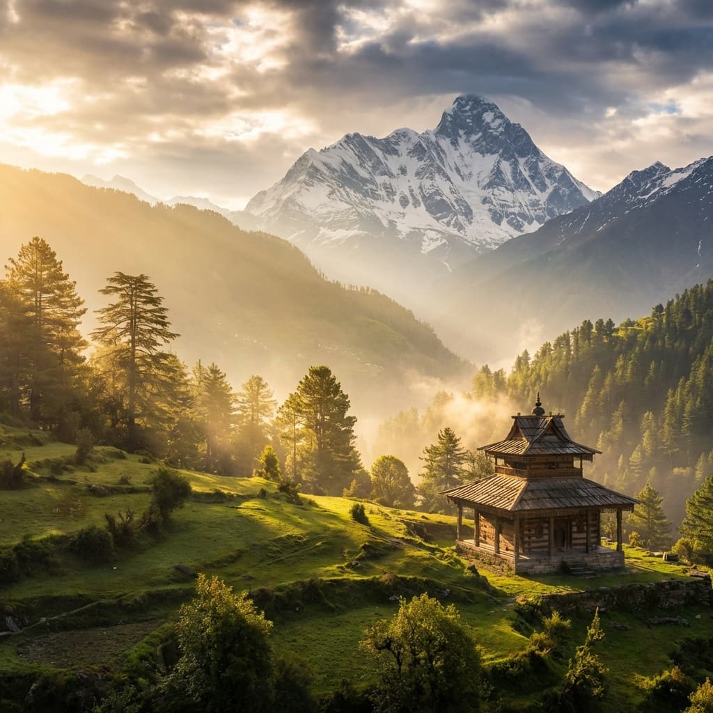 The ancient Tungnath Temple, the highest Shiva temple in the world, with snow-covered peaks in the background.