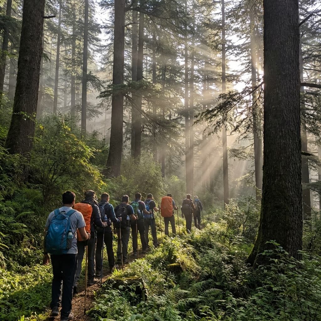 Trekkers walking through the dense deodar forests of the Churdhar Wildlife Sanctuary.