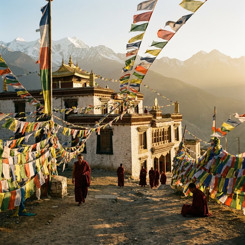 A traditional colorful Shikara boat on the calm waters of Dal Lake.