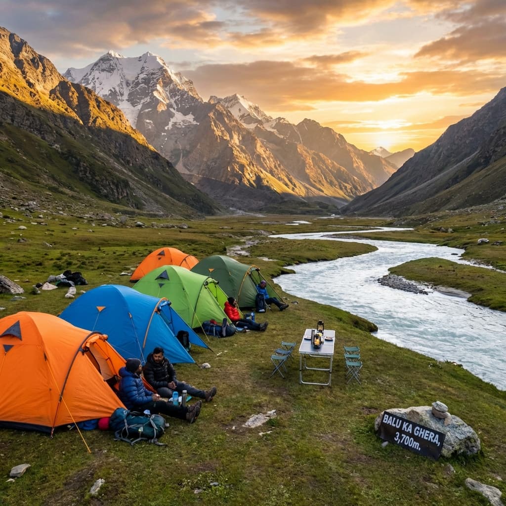 Luxury high-altitude camping tents set up in the scenic Balu Ka Ghera meadow.