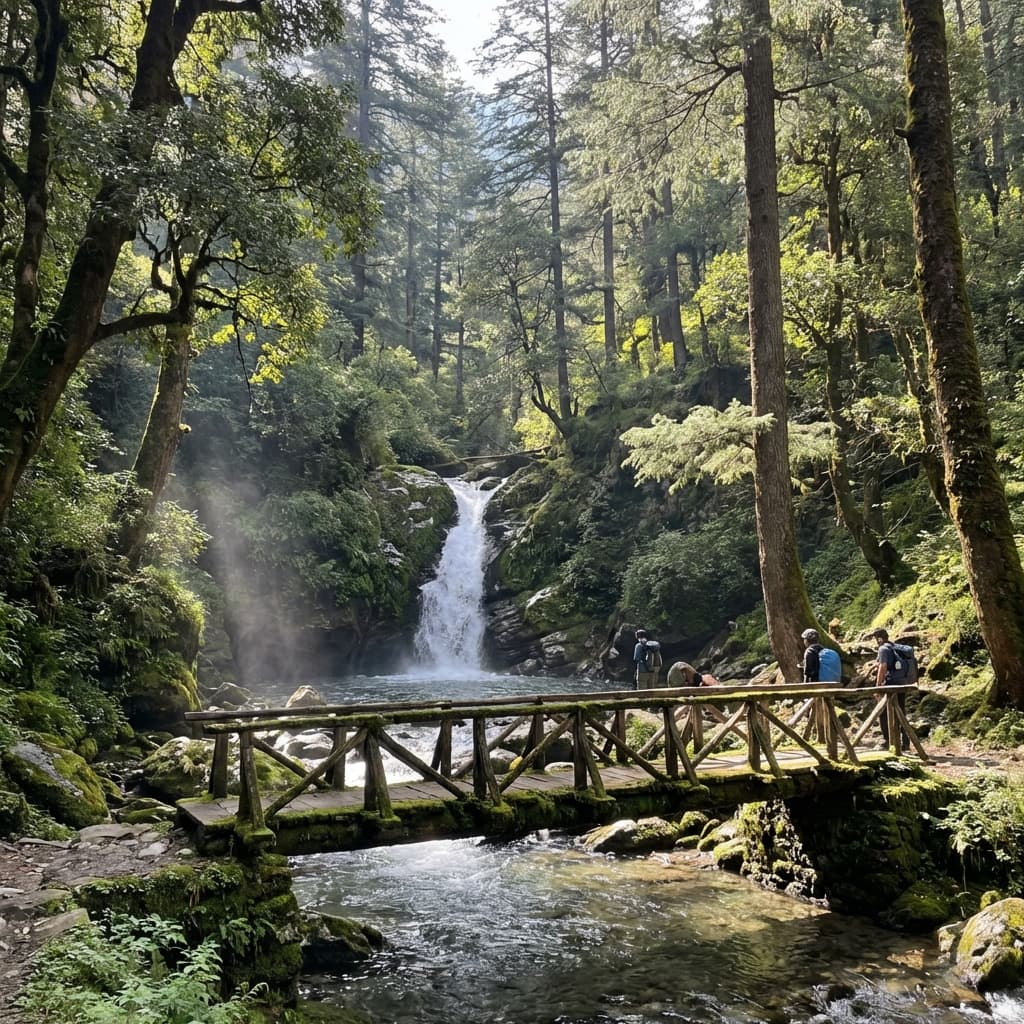 Jibhi waterfall hidden in dense green forest with a wooden bridge.