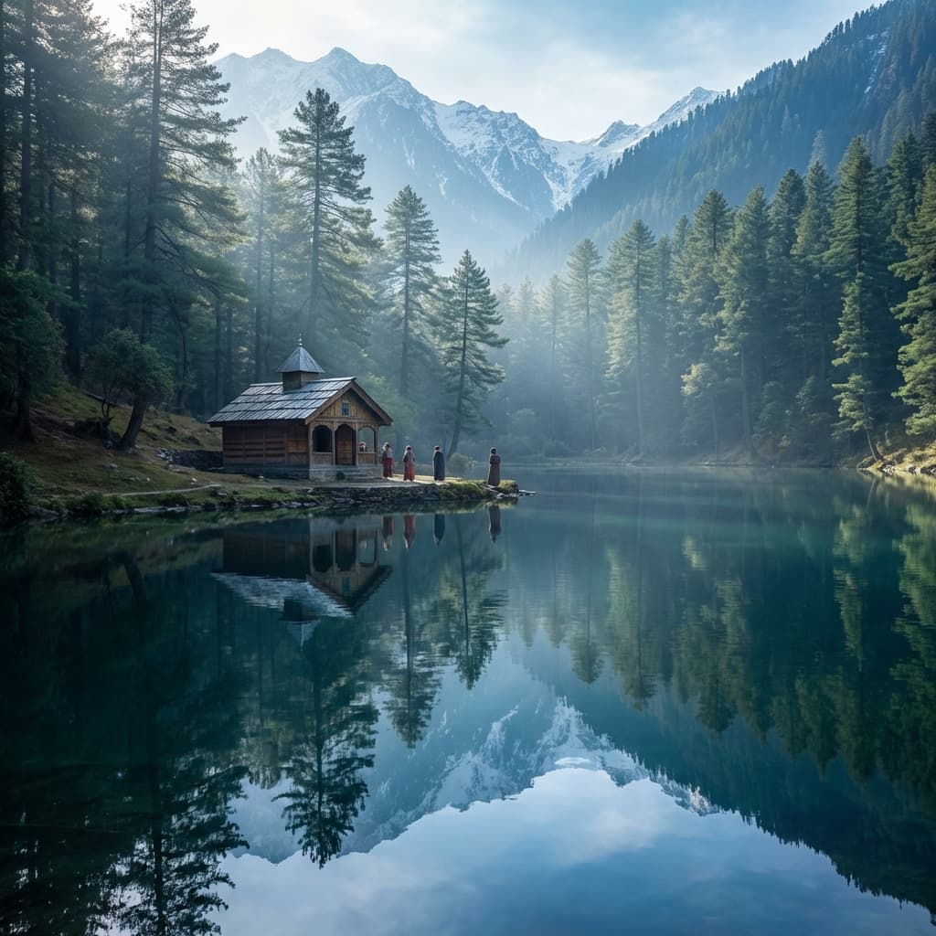 Serolsar Lake with clear reflection of pine trees.