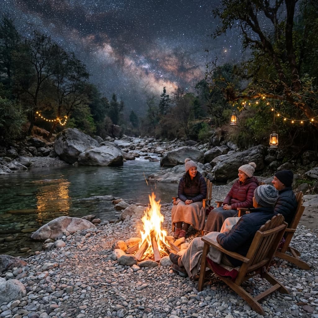 Private family bonfire night under the starry sky in Tirthan.