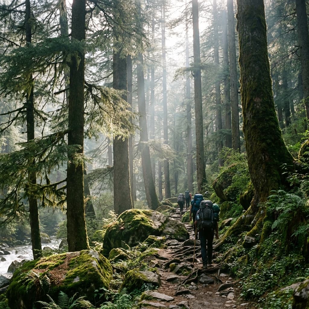 Sunlight filtering through dense pine forests on the trail to Kheerganga.