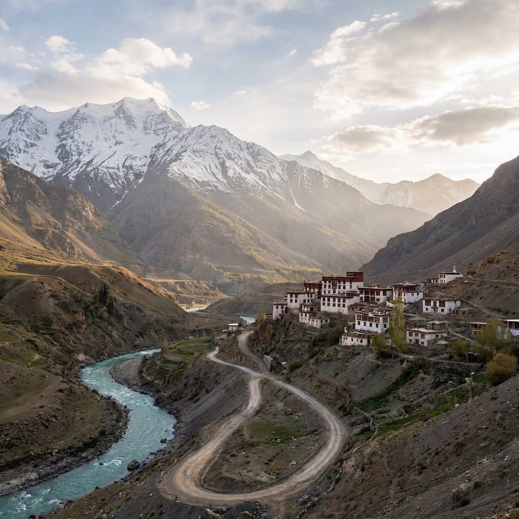 A luxury dome tent in Sissu with the spectacular Sissu Waterfall and Lahaul peaks in the background.