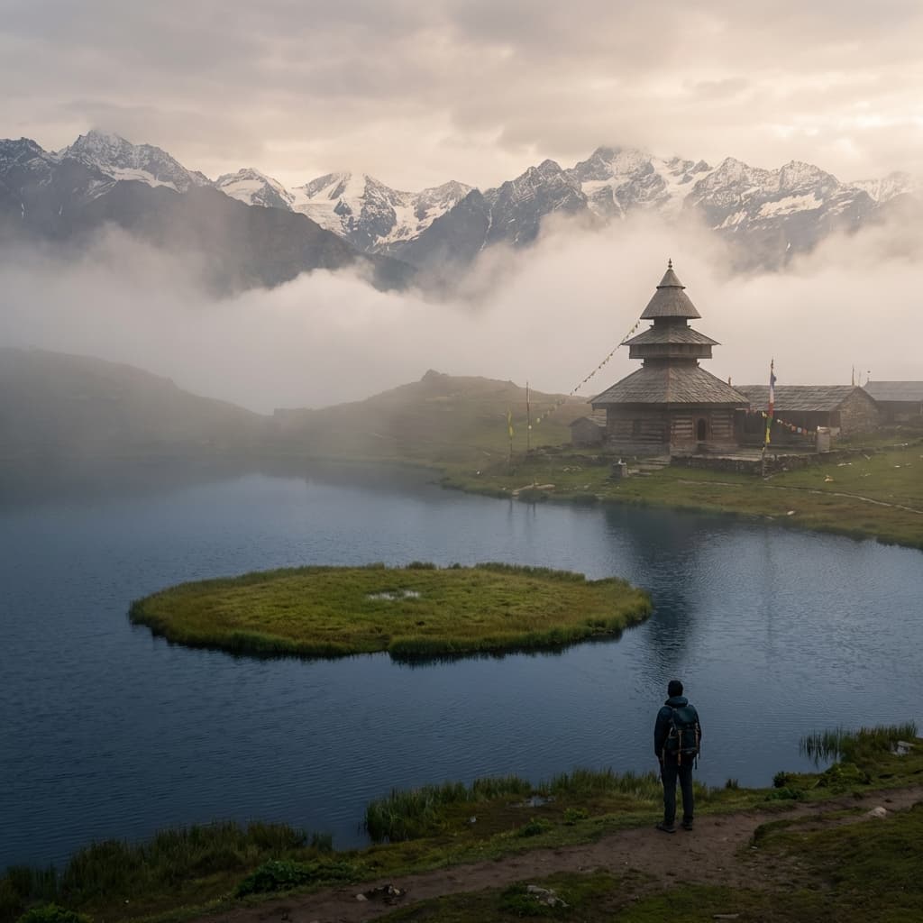 Passing clouds over the mysterious Prashar Lake with its floating island and the three-tiered pagoda temple.