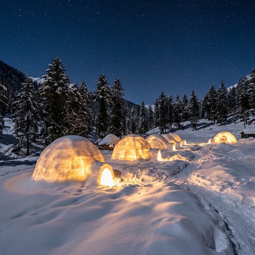 A cozy illuminated igloo in the snow at Sethan village under a starry night sky.